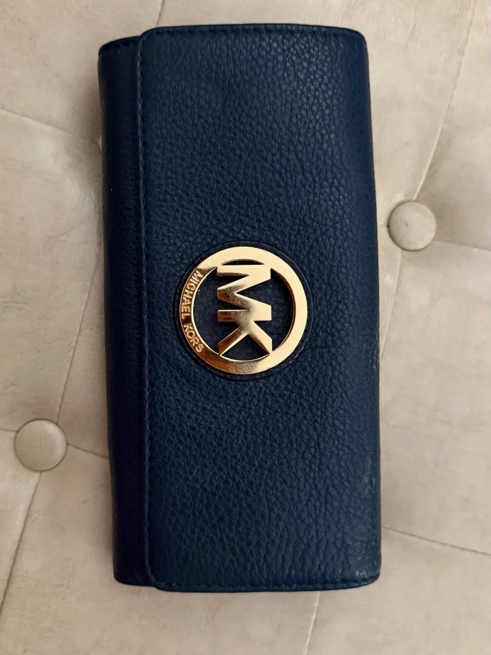 Michael Kors Navy Leather Card Holder with Gold MK Emblem